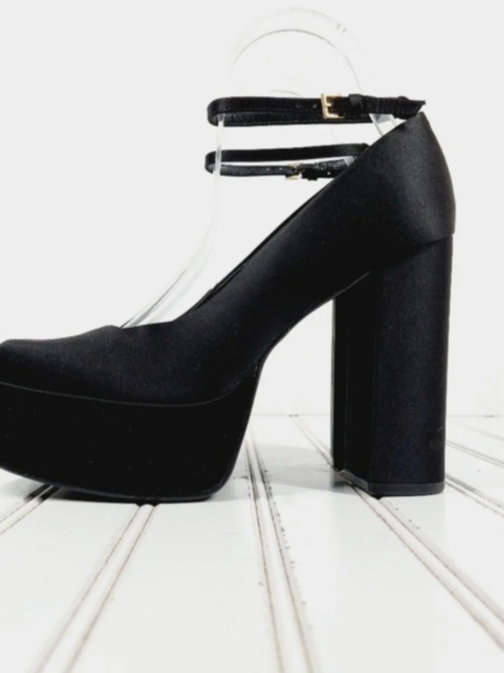 Artem Black Silk Sky High Platform Ankle-Strap Heels. Size 8